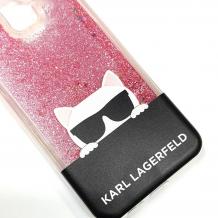 Луксозен твърд гръб 3D за Samsung Galaxy J6 2018 - прозрачен / розов брокат / KARL LAGERFELD