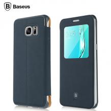 Луксозен калъф Flip тефтер S-View със стойка BASEUS Terse Case за Samsung Galaxy S6 Edge+ G928 / S6 Edge Plus - тъмно син