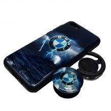 Луксозен твърд гръб 3in1 с Popsocket за Samsung Galaxy A6 2018 - син / BMW