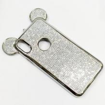 Луксозен твърд гръб 3D с камъни за Apple iPhone X / iPhone XS - сребрист / миши ушички