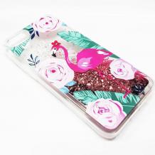 Луксозен твърд гръб 3D Water Case за Apple iPhone 5 / iPhone 5S / iPhone SE - прозрачен / розов брокат / фламинго