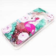 Луксозен твърд гръб 3D Water Case за Samsung Galaxy J4 2018- прозрачен / розов брокат / фламинго