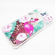 Луксозен твърд гръб 3D Water Case за Apple iPhone 7 Plus / iPhone 8 Plus - прозрачен / розов брокат / фламинго