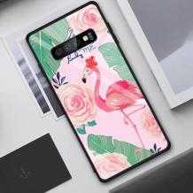 Луксозен стъклен твърд гръб за Samsung Galaxy S10 Plus - фламинго