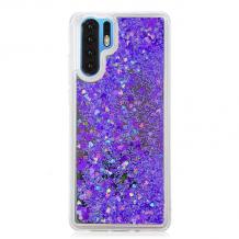 Луксозен твърд гръб 3D Water Case за Huawei P30 Pro - прозрачен / течен гръб с брокат / сърца / лилав