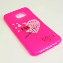 Силиконов калъф / гръб / TPU за Samsung Galaxy S6 Edge G935 - розов / сърца / Victoria`s Secret
