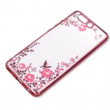 Луксозен силиконов калъф / гръб / TPU с камъни за Huawei P10 Plus - прозрачен / розови цветя / Rose Gold кант