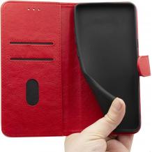 Кожен калъф Flip тефтер със стойка и слот за карти за Samsung Galaxy S23 Ultra - тъмно червен