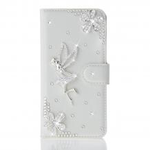 Луксозен кожен калъф Flip тефтер Flexi със стойка за Samsung Galaxy J5 J500 - бял с камъни / фея и цветя