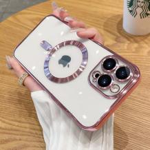 Силиконов калъф / гръб / Clear Case с безжично зареждане MagSafe кейс за Apple iPhone 15 Pro (6.1) - прозрачен с протектори за камерите розов кант