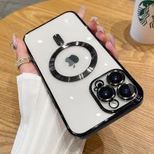Силиконов калъф / гръб / Clear Case с безжично зареждане MagSafe кейс за Apple iPhone 15 Pro Max (6.7) - прозрачен с протектори за камерите черен кант