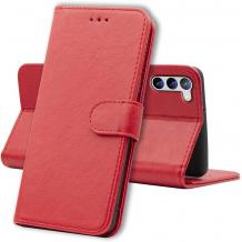 Кожен калъф Flip тефтер със стойка и слот за карти за Samsung Galaxy S23 Ultra - тъмно червен