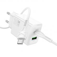 Зарядно устройство HOCO N71 220V 30W / 2 port USB / кабел Type C-Type C - бял