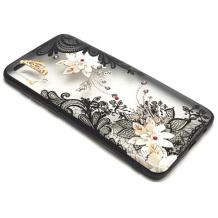 Луксозен твърд гръб BEAUTY с камъни за Samsung Galaxy A70 - прозрачен / черен кант / цветя