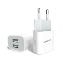 Универсално зарядно устройство USAMS Travel Charger CC023 с 2 USB порта 220V / 2.4A за Samsung, Xiaomi, Lenovo, Apple, LG, HTC, Sony, Nokia, Huawei, ZTE, BlackBerry и др. - бяло