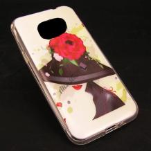 Силиконов калъф / гръб / TPU за Samsung Galaxy S7 G930 - момиче / шапка с цветя