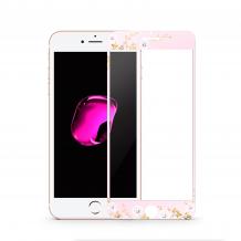 Стъклен скрийн протектор / 9H HD Full Tempered Glass Film Kauaro Swarovski Screen Protector / за дисплей нa Apple iPhone 7 - розов / бели цветя