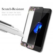Стъклен скрийн протектор / 9H HD Full Tempered Glass Film Kauaro Swarovski Screen Protector / за дисплей нa Apple iPhone 7 - черен / розови цветя