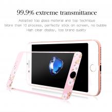 Стъклен скрийн протектор / 9H HD Full Tempered Glass Film Kauaro Swarovski Screen Protector / за дисплей нa Apple iPhone 6 / iPhone 6S - розов / бели цветя