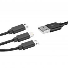 Универсален USB кабел Type-C 3в1 1.2М Micro USB / iPhone USB Data Cable - черен