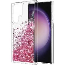 Луксозен твърд гръб / кейс / 3D Water Case за Samsung Galaxy S23 Ultra 5G - прозрачен кейс с течен брокат / розов