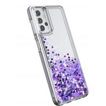 Луксозен твърд гръб 3D Water Case за Samsung Galaxy A32 5G - прозрачен / течен гръб / сърца / лилав брокат