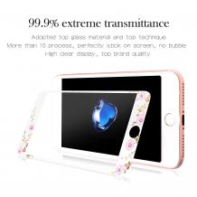 Стъклен скрийн протектор / 9H HD Full Tempered Glass Film Kauaro Swarovski Screen Protector / за дисплей нa Apple iPhone 6 / iPhone 6S - бял / бели цветя