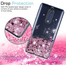 Луксозен твърд гръб 3D Water Case за Nokia 5.1 2018 - прозрачен / течен гръб с розов брокат