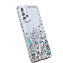 Луксозен твърд гръб 3D Water Case за Samsung Galaxy A72 / A72 5G - прозрачен / течен гръб / сърца / сребрист брокат