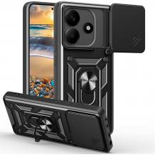 Удароустойчив гръб TPU кейс Slide Camera Case Magnetic Finger Ring Car Holder за Xiaomi Redmi Note 14 - черен