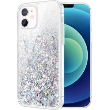 Луксозен твърд гръб / кейс / 3D Water Case за Apple iPhone 12 /12 Pro 6.1'' - прозрачен / течен гръб с брокат / сребрист