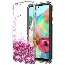 Луксозен твърд гръб 3D Water Case за Samsung Galaxy A51 - прозрачен / течен гръб с брокат / сърца / розов