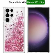Луксозен твърд гръб / кейс / 3D Water Case за Samsung Galaxy S23 Ultra 5G - прозрачен кейс с течен брокат / розов