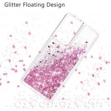 Луксозен твърд гръб 3D Water Case за Samsung Galaxy S20 Ultra - прозрачен / течен гръб с брокат / сърца / розов