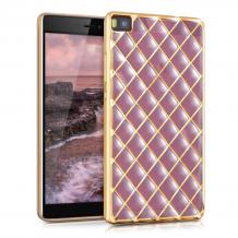 Силиконов калъф / гръб / TPU 3D за Huawei Ascend P8 Lite / Huawei P8 Lite - розов със златист кант / ромб