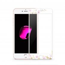 Стъклен скрийн протектор / 9H HD Full Tempered Glass Film Kauaro Swarovski Screen Protector / за дисплей нa Apple iPhone 6 / iPhone 6S - бял / бели цветя