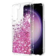 Луксозен твърд гръб / кейс / 3D Water Case за Samsung Galaxy S22 - прозрачен / течен гръб с брокат / розов