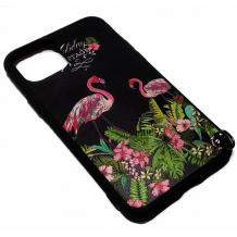 Луксозен силиконов калъф / гръб / TPU за Apple iPhone 11 Pro Max 6.5" - черен с цветя и фламинго
