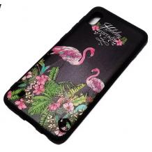 Луксозен силиконов калъф / гръб / TPU за Samsung Galaxy A10 - черен с цветя и фламинго