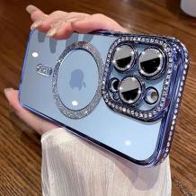 Луксозен силиконов калъф / гръб / TPU кейс със MagSafe за iPhone 14 Pro (6.1) - прозрачен със син кант и камъни