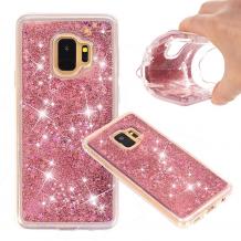 Луксозен твърд гръб 3D Water Case за Samsung Galaxy S9 G960 - прозрачен / течен гръб с розов брокат / звездички