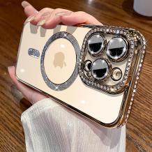 Луксозен силиконов калъф / гръб / TPU кейс със MagSafe за iPhone 14 Pro (6.1) - прозрачен със златист кант и камъни