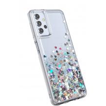 Луксозен гръб / кейс / 3D Water Case за Samsung Galaxy A03s - прозрачен / течен гръб със сребрист брокат / сърца