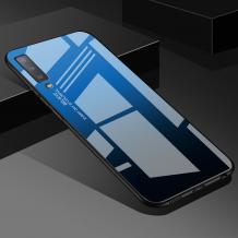 Луксозен стъклен твърд гръб за Samsung Galaxy A7 2018 A750F - преливащ / синьо и черно
