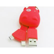 USB кабел за зареждане и пренос на данни 2 in 1 / Micro USB + iPhone 5 / 5S - Cow Keychain / червен