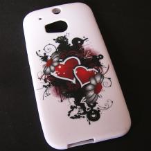 Силиконов калъф / гръб / TPU за HTC One M8 - бял / червени сърца