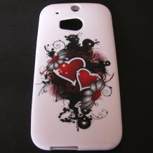 Силиконов калъф / гръб / TPU за HTC One M8 - бял / червени сърца