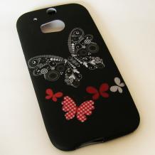 Силиконов калъф / гръб / TPU за HTC One M8 - черен с пеперуди