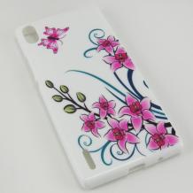 Силиконов калъф / гръб / TPU за Huawei Ascend P7 - бял с розови цветя