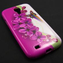 Силиконов калъф / гръб / TPU за Samsung Galaxy S4 I9500 / Samsung S4 I9505 / Samsung S4 i9515 - лилави цветя и пеперуда